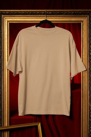 Plain Round Neck Oversized Fit Cotton T-Shirt, 180 GSM in Beige