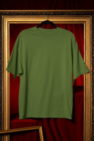 Plain Round Neck Oversized Fit Cotton T-Shirt, 180 GSM in Olive Green